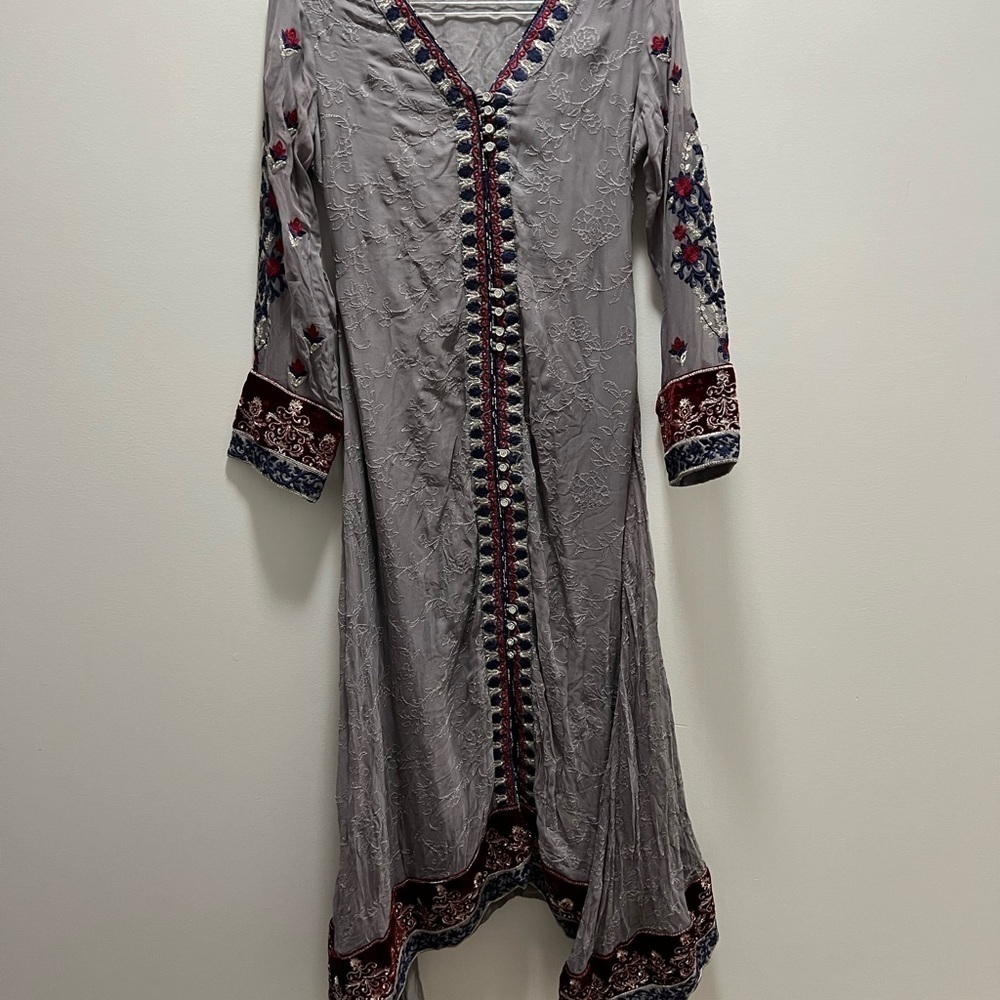 Mahir London Gray Embroidered Kurta Dress S‎ Floral Velvet Trim Boho Ethnic